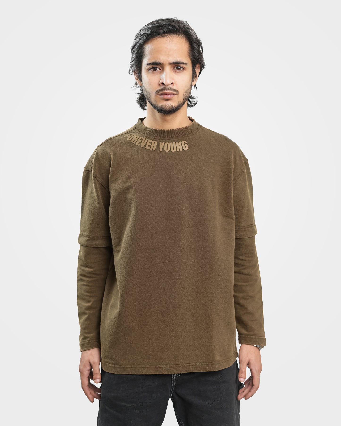 Relaxed Fit Acid Wash Long Sleeve Drop Shoulder T-Shirt - Brown Bear