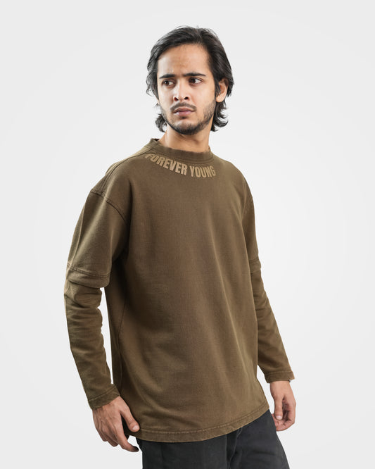 Relaxed Fit Acid Wash Long Sleeve Drop Shoulder T-Shirt - Brown Bear