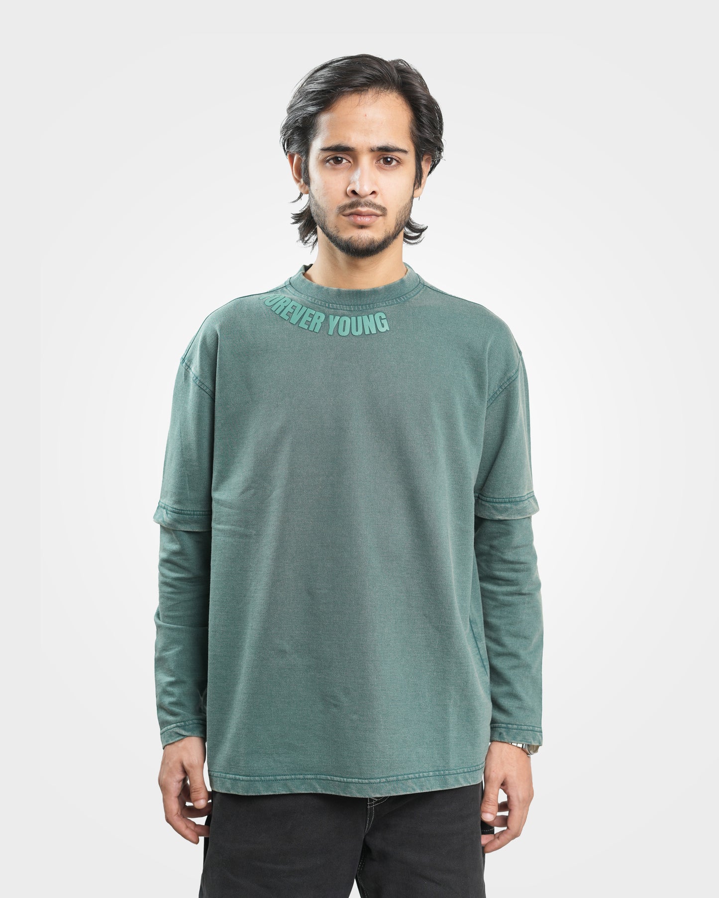 Organic Cotton Acid Wash Long Sleeve Drop Shoulder T-Shirt - Hunter Green