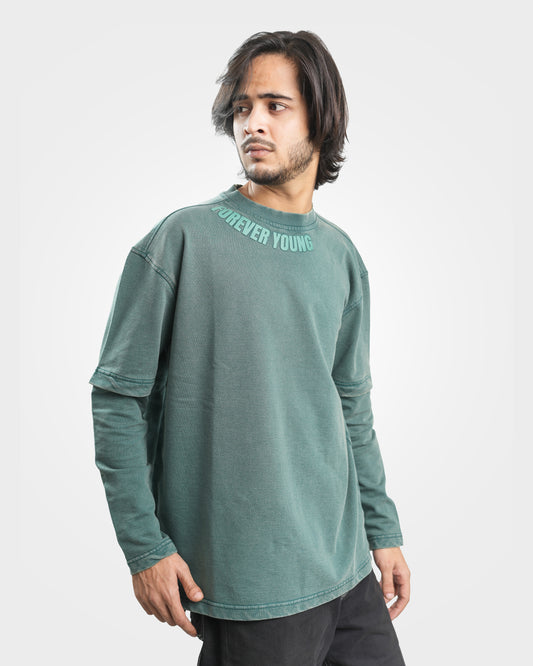 Organic Cotton Acid Wash Long Sleeve Drop Shoulder T-Shirt - Hunter Green