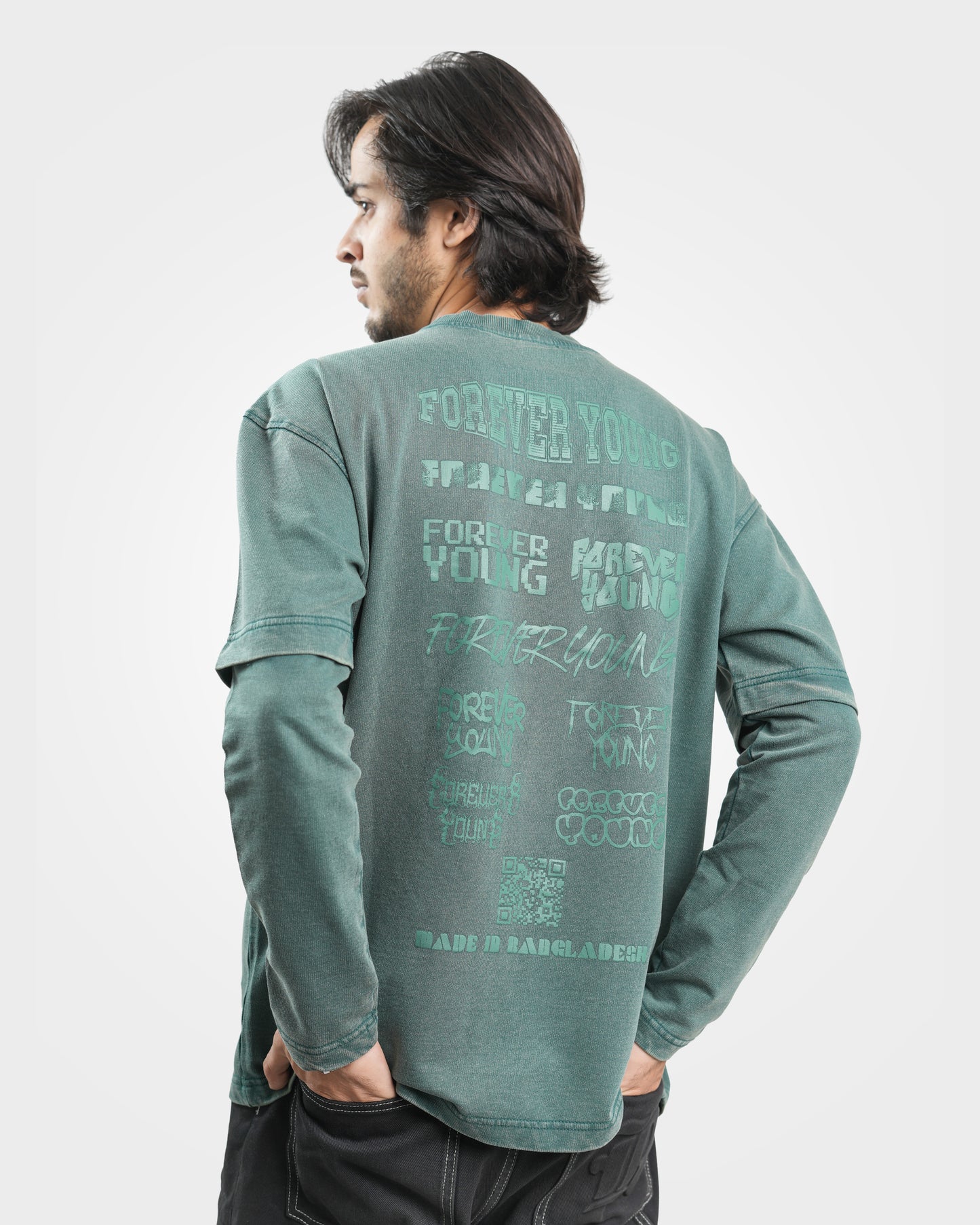 Organic Cotton Acid Wash Long Sleeve Drop Shoulder T-Shirt - Hunter Green