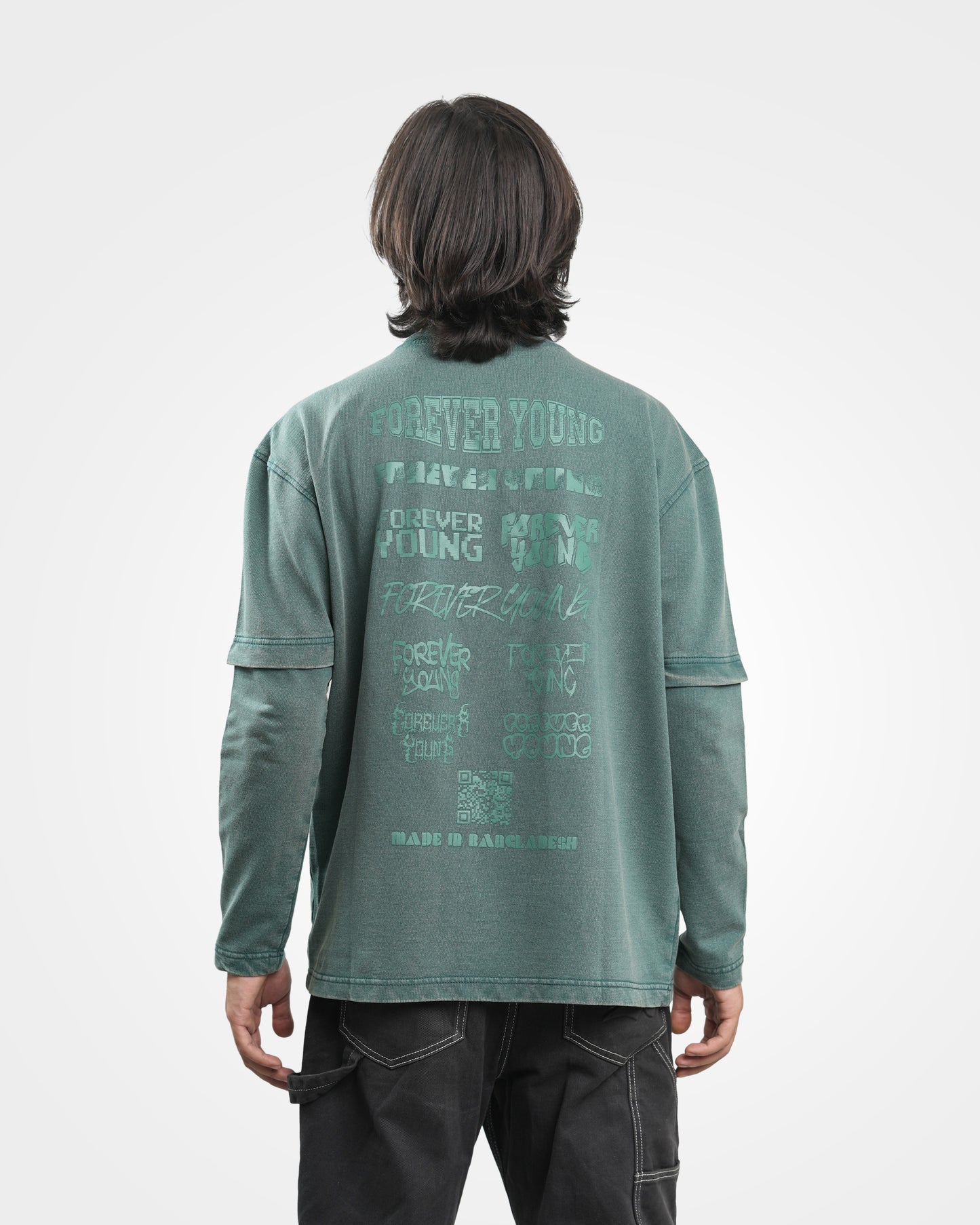 Organic Cotton Acid Wash Long Sleeve Drop Shoulder T-Shirt - Hunter Green