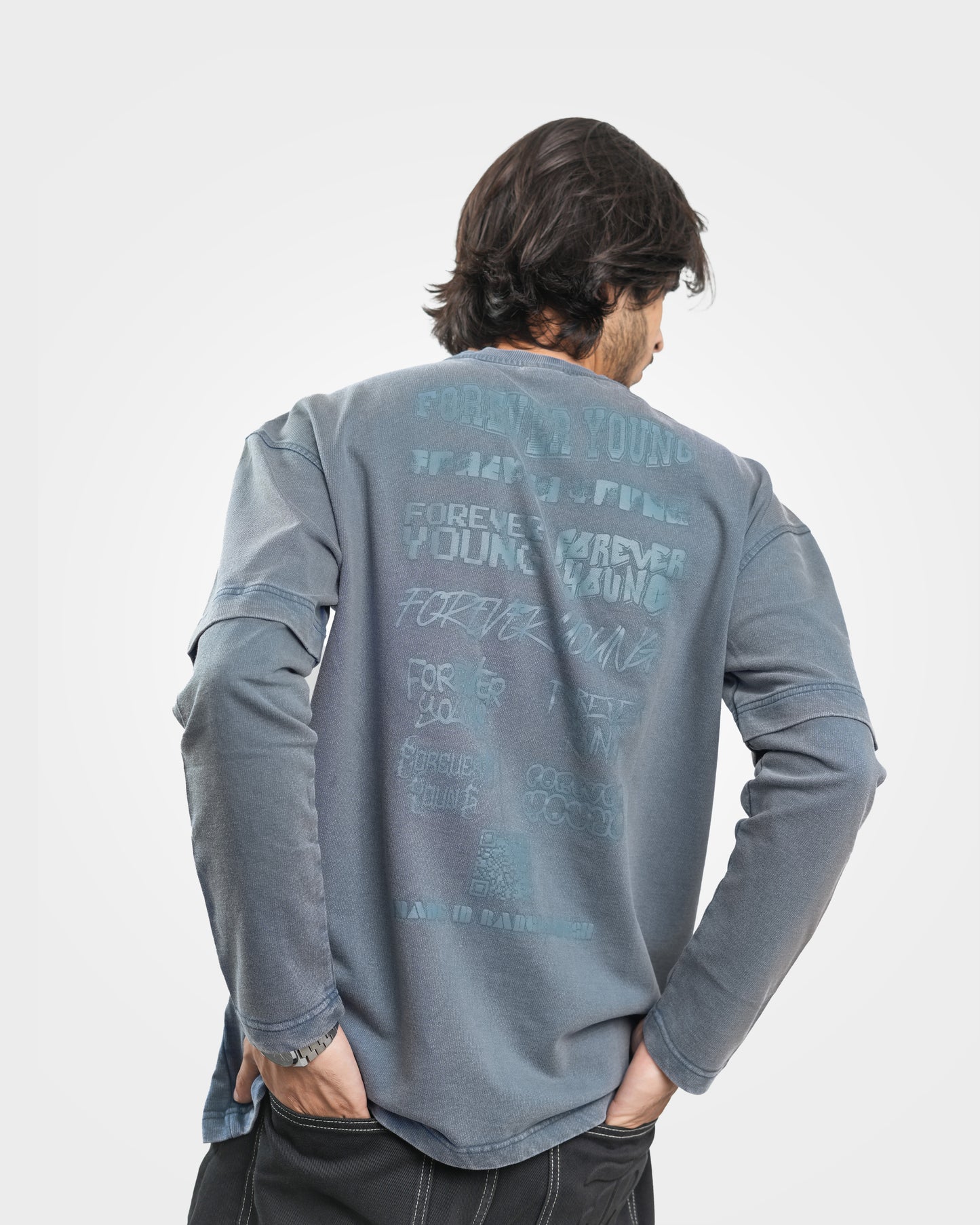 Casual Wear Acid Wash Long Sleeve Drop Shoulder T-Shirt - Denim Blue