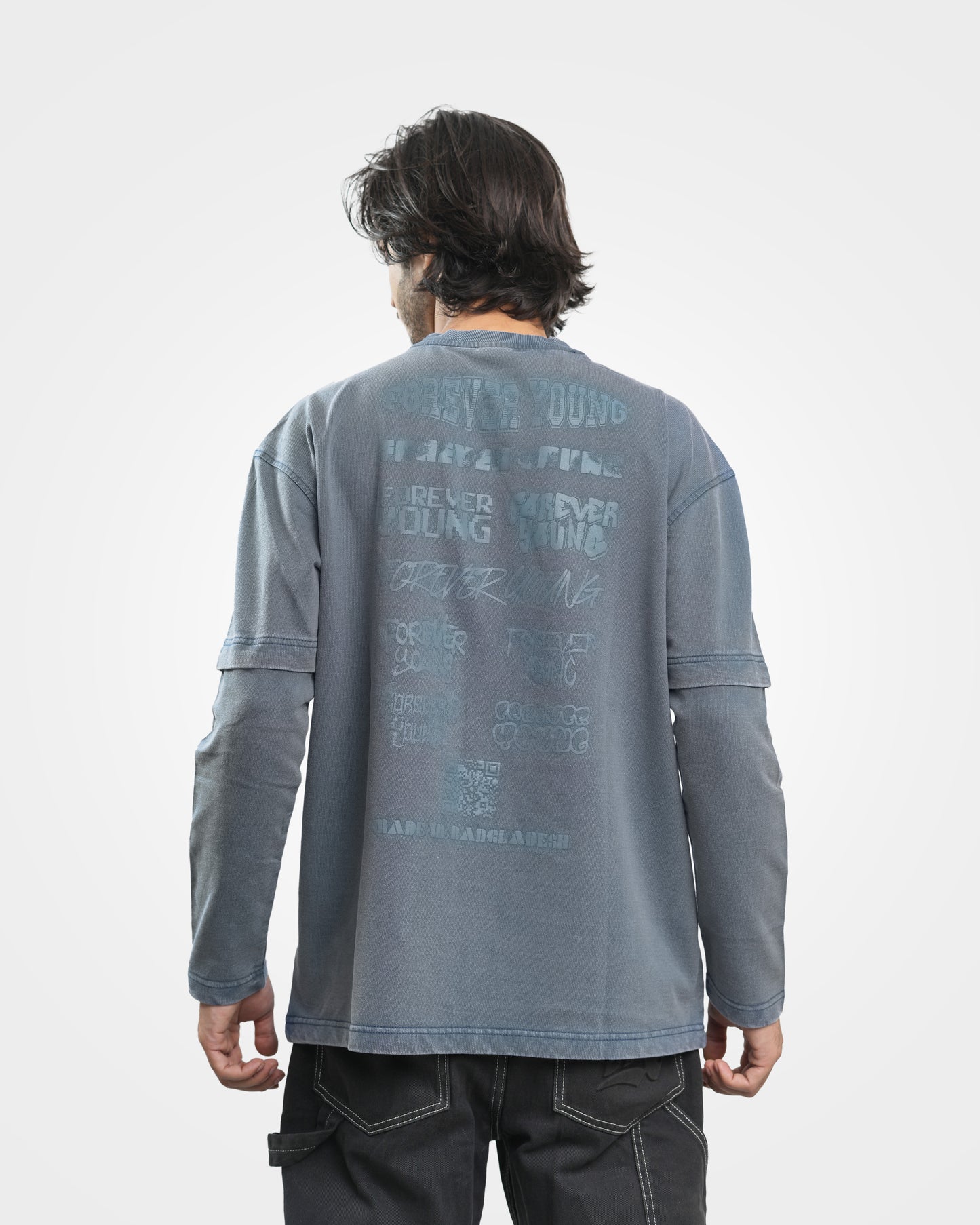 Casual Wear Acid Wash Long Sleeve Drop Shoulder T-Shirt - Denim Blue