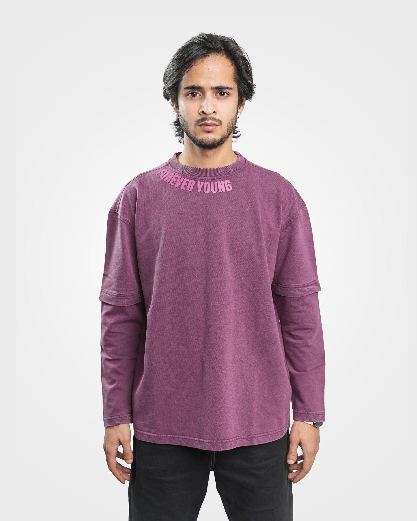 Premium Oversized Acid Wash Long Sleeve Drop Shoulder T-Shirt - Orchid Purple