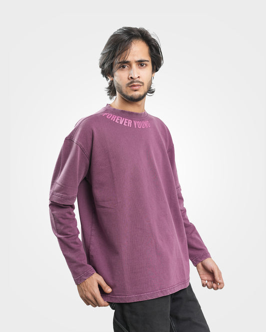 Premium Oversized Acid Wash Long Sleeve Drop Shoulder T-Shirt - Orchid Purple