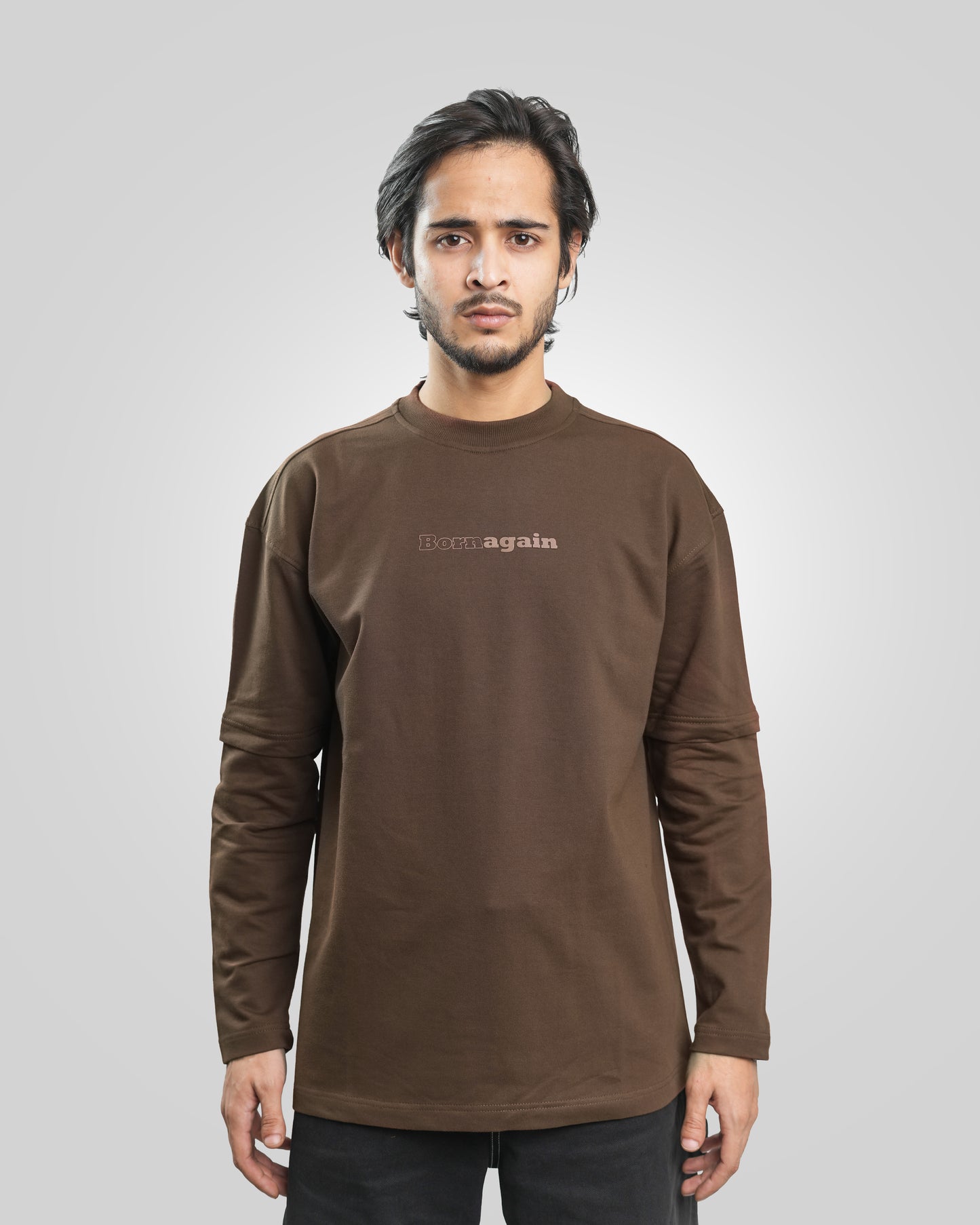 Born Again - Organic Cotton Long Sleeve Drop Shoulder T-Shirt - Cafe Brown