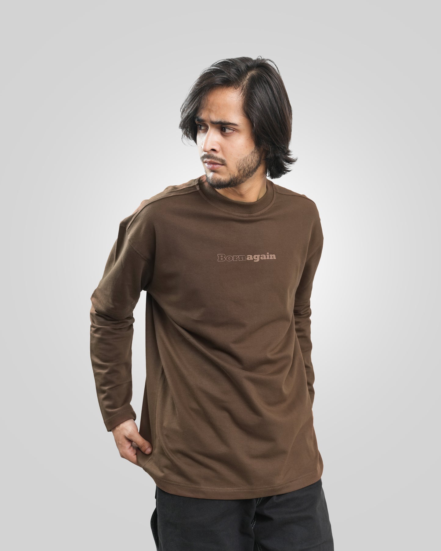 Born Again - Organic Cotton Long Sleeve Drop Shoulder T-Shirt - Cafe Brown