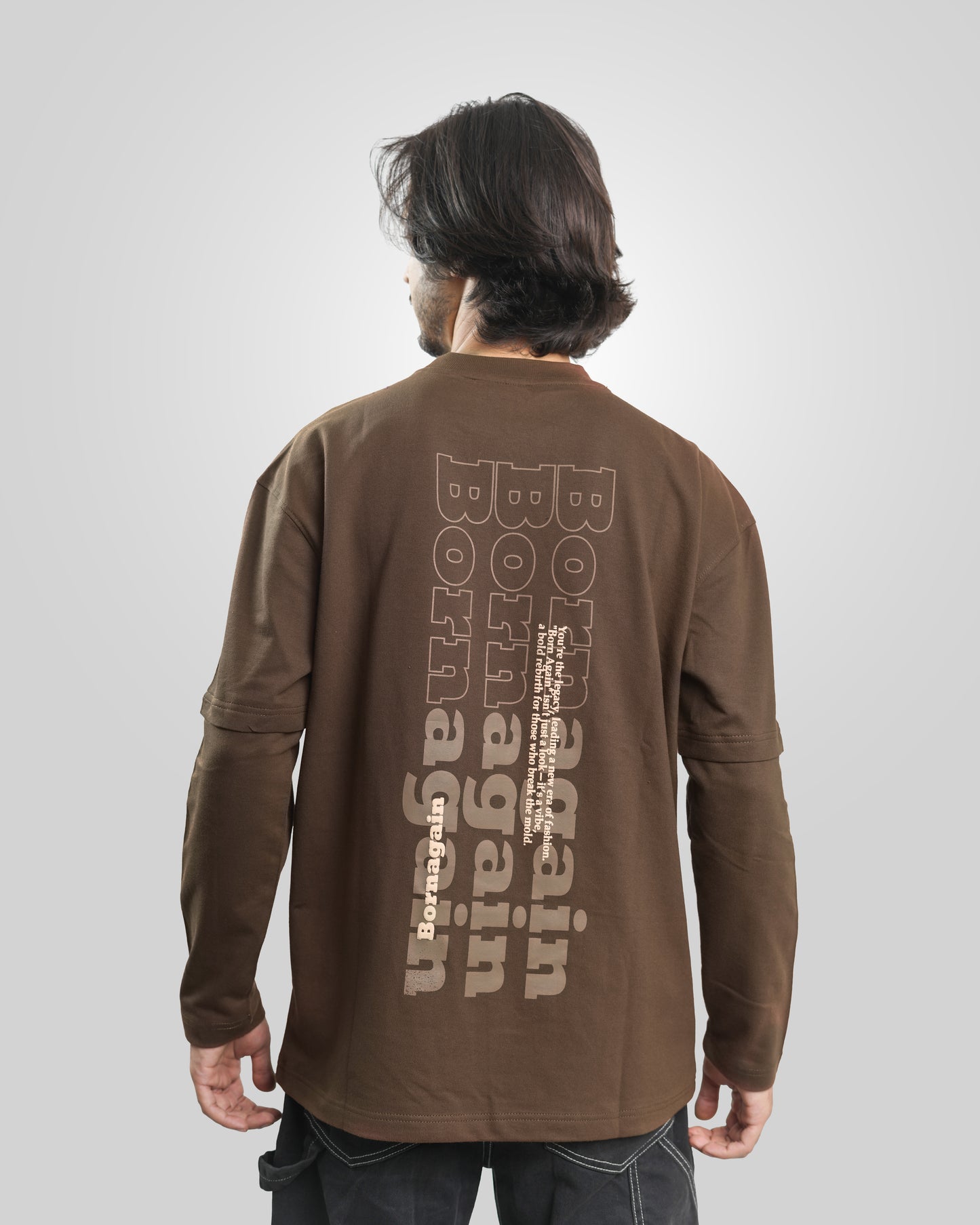 Born Again - Organic Cotton Long Sleeve Drop Shoulder T-Shirt - Cafe Brown