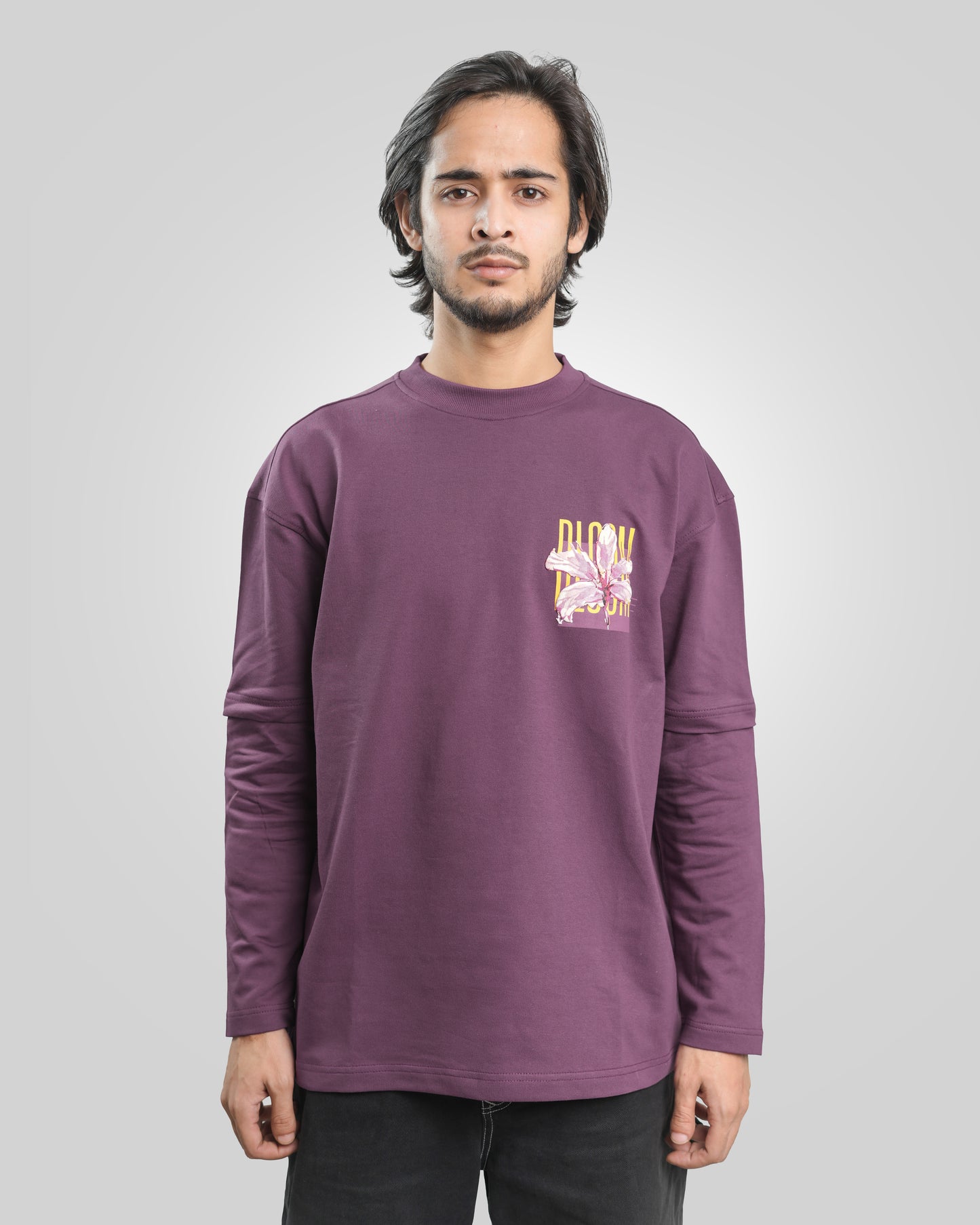 Bloom - Premium Oversized Long Sleeve Drop Shoulder T-Shirt - Pearly Purple