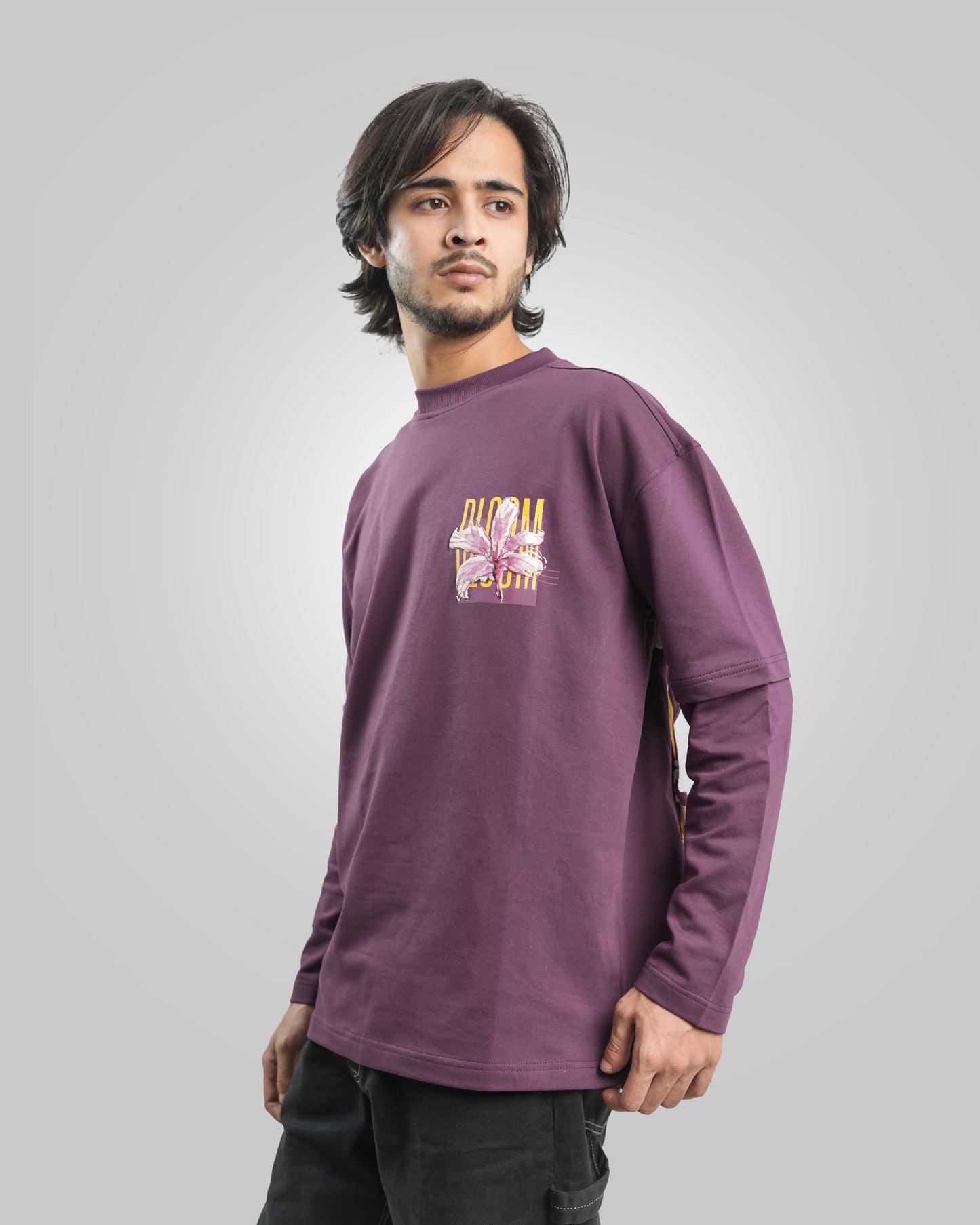 Bloom - Premium Oversized Long Sleeve Drop Shoulder T-Shirt - Pearly Purple