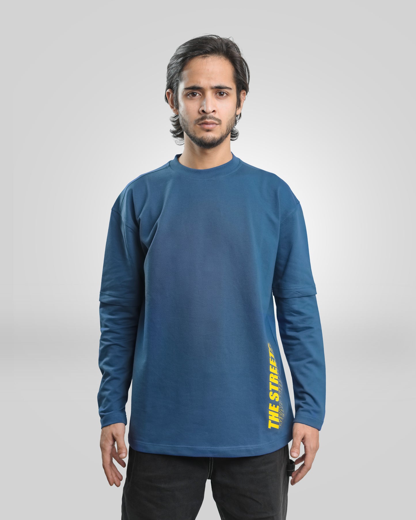 The Streets - Relaxed Fit Long Sleeve Drop Shoulder T-Shirt - Stone Blue