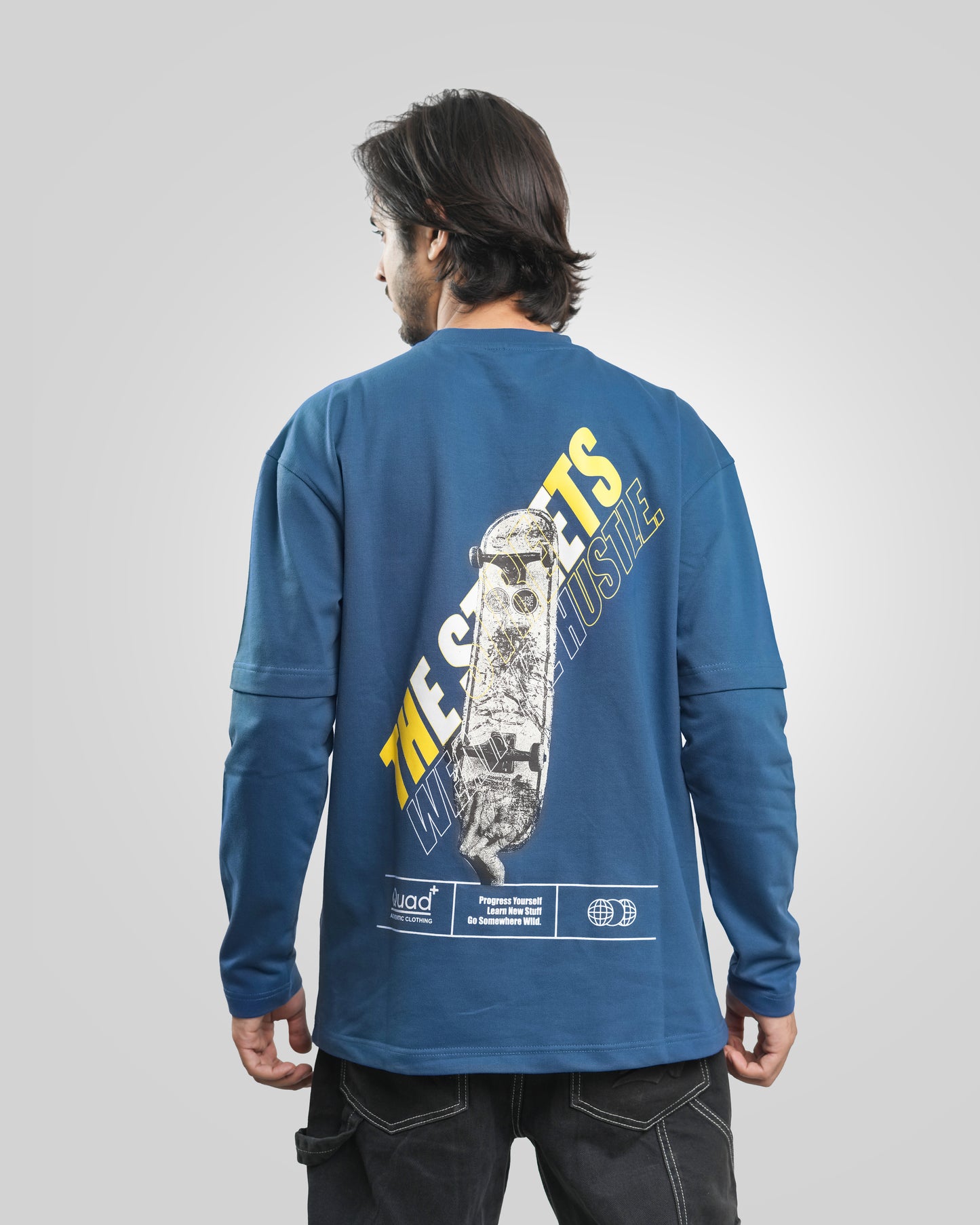 The Streets - Relaxed Fit Long Sleeve Drop Shoulder T-Shirt - Stone Blue