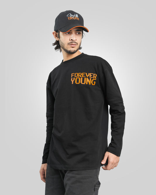 Forever Young - Casual Wear Long Sleeve Drop Shoulder T-Shirt -  Black Orange